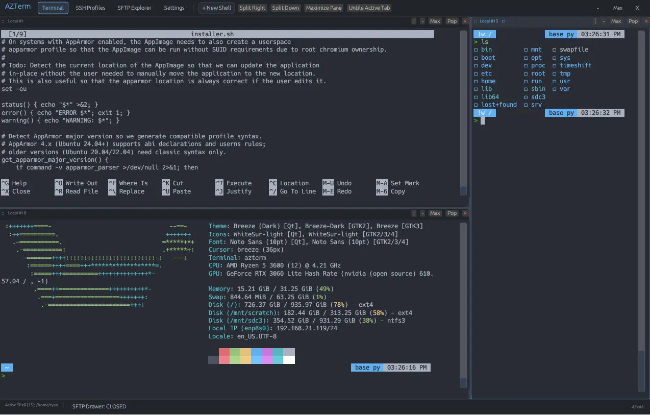 AZTerm Interactive Tiling Workspace Screenshot